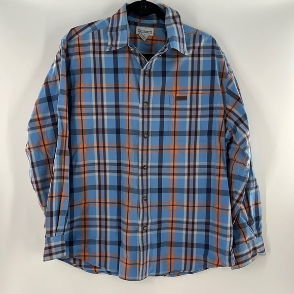 CARHARTT PLAID LONG SLEEVE BUTTON DOWN BLUE ORANGE SHIRT LARGE - Picture 1 of 4